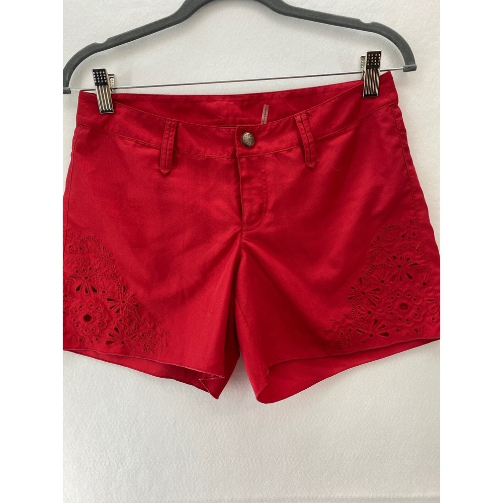 Athleta Red Eyelet Embroidered Shorts Womens Size 0 Boho Beachy Floral Cutout